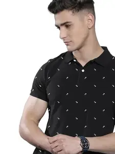 Merriment Men's Black Half Sleeves Printed Polo T-shirt-GZZ1001-Black_M