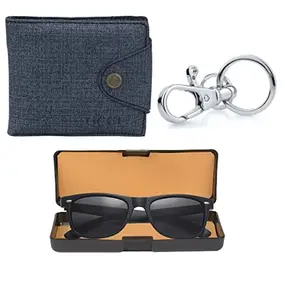 Mundkar Blue Denim Wallet Black Sunglass and Keychan Hook Men's Gift Set