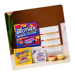 Poorak Religious Assorted Rakhi Gift Set – 3 Gold Thread Rakhis with Minimalist Card and Keychain