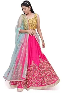 Zeel Clothing Women's Silk Dress Material Semi Stitched Lehenga Choli (7045-Yellow & Pink_Pink & Yellow_Free Size), Customizable Length