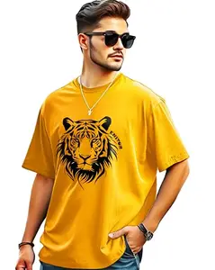 Enitor Mens Oversized Half Sleeve Graphic Printed T-Shirt for Men Mustard