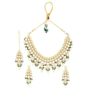 M.D KARAT ART trendy gold plated white & green kunden & beads jewellery necklace set with earring jewellery set for women (SET 0163N)