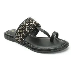 Retro Walk Embellished Open Toe Flats(6129_Black)