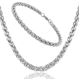 De-Autocare Combo Of 22" Size 5mm Thickness Braided Wheat Link Rope Stainless Steel Heavy Duty Fashion Casual Style Daily Use Necklace Chain & Friendship Wrist Band Cuff Thick Rassa Chain Bracelet