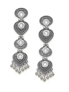 OOMPH Jewellery Oxidised Silver Ethnic Long Drop Earrings - Jadau with Kundan & Pearls For Women & Girls Stylish Latest (S-ECK217_Z)- For Women & Girls Stylish Latest