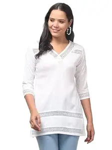 Women's Lace Work V-Neck Kurti with 3/4th Sleeves, Solid Color Straight Fit Tunic Top, Crochet Lace Detailing, Lightweight Ethnic Wear for Daily Office College Casual