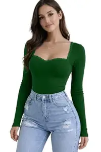 TIVANTE Solid Sweet Heart Neck Lace Top for Women Stylish Western | Full Sleeve top for Women | Ribbed Tops for Woman | Crop Tops | Korean Tops | skims top