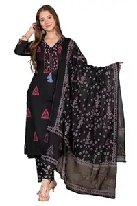 PARTHVI Women's Pure Cotton Printed Straight Kurta Set with Palazzo Pants & Dupatta- Ethnic Wear, Black