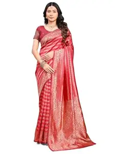 BRAAFEE Women's Banarasi Silk Saree with Unstitched Blouse Piece, Traditional Zari Woven Jacquard