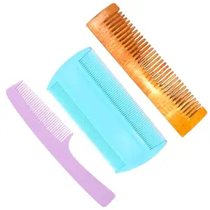 Hair Comb Set for All Hair Types – Plastic Lice Comb, Wooden Comb, and Small Pocket Comb for Girls, Boys
