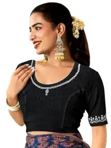 MISS WEARS Women's Regular Fit Readymade Stretchy Elbow Length Embroidered Saree Blouse