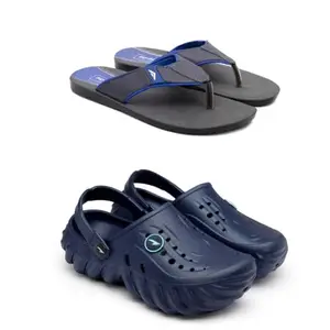 ASIAN Men's Combo Casual Walking Daily Used Clogs & Slipper with Lightweight Clog & Pu Slippers for Men's & Boy's Grey Blue