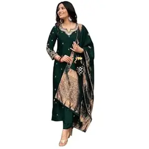 THE KINKRY HOUSE Women Straight Kurta Set with Pant & Jacquard Dupatta | Embroidery Work | Roman Silk | Notch Neck | 3/4 Sleeve | Knee Length | Festive & Occasional Wear