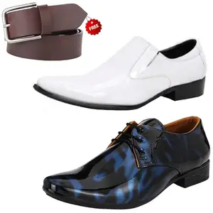 Modern Trendy Formal Shoes/Party Shoes/ 2 Shoes Combo with Free Belt for Men and Boys (BAZAAR8441_VTR01-Blk-Blu-401-Wht) Multicolor