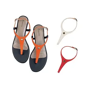 Cameleo -changes with You! Women's Plural T-Strap Slingback Flat Sandals | 3-in-1 Interchangeable Leather Strap Set | Orange-White-Red