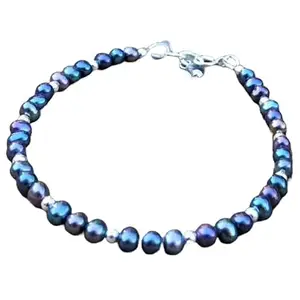 Lady Works Unisex Bracelet Fresh Water Peacock Pearl 4mm Round Shape Smooth Cut Gemstone Beads 7 Inch Silver Plated Clasp Bracelet| Lcbr_02850