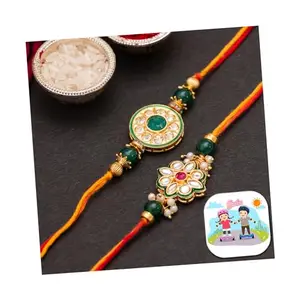 CraftVatika Rakhi for Brother Set of 2 with Fridge Magnet Gift Floral Kundan Rakhis for Bhaiya Bhai Boy Men Raksha Bandhan Designer rakhi Meenakari Rakhi, Raki with Fridge Magnet Gift