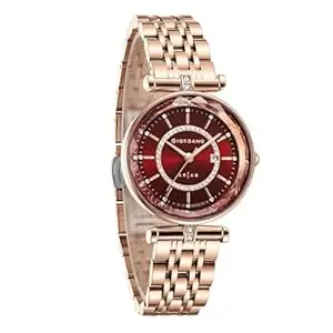 Giordano Arias Lara Dutta Signature Collection Analog Quartz Watch for Women with Crystal-Studded Cut Glass Dial, Date Display and Rose Gold Stainless Steel Strap
