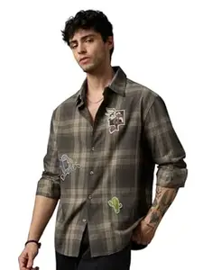 The Souled Store Looney Tunes: The Chase Men and Boys Long Sleeve Collared Dark Khaki Casual Lightweight Drop Shoulder Streetwear Trendy Embellished Relaxed Fit Cotton Shirt