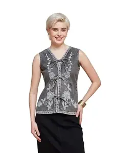 J TURRITOPSIS Women's Denim Floral Embroidered Tie-Front Denim Stylish Shirt || Shirt Top for Women