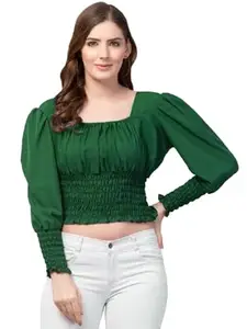 Women's Pink Square Neck Smocked Waist Top, Long Balloon Sleeves, Ruffle Hem (in, Alpha, L, Regular, Green)