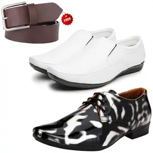 Fashionable Formal Shoes/Party Shoes/ 2 Shoes Combo with Free Belt for Men and Boys (BAZAAR8743_VTR01-Blk-Slvr-2007-Bdr) Multicolor