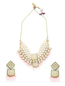 Priyaasi Pink Pearl Beads Statement Design Kundan Choker Necklace with Gold Plated Earrings Jewellery Set