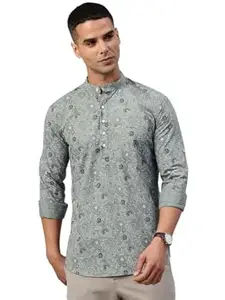 Majestic Man Men's Pure Cotton Printed Mandarin Collar Slim Fit Roll-Up Sleeves Short Kurta