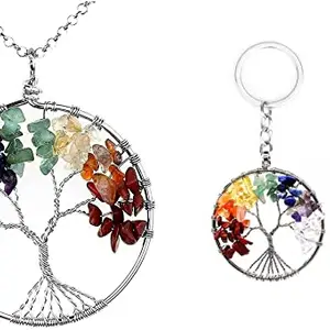 PANAKUMUS Tree of life Pendant with chain and Tree of Life Keychain Handcrafted made with Natural seven Chakra Gemstone Each Stone has his own Healing Specialty for Women and Men