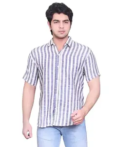 Men's Striped Short Sleeve Khadi Cotton Shirt, Brown and White, Casual Wear (in, Alpha, M, Regular, Blue)