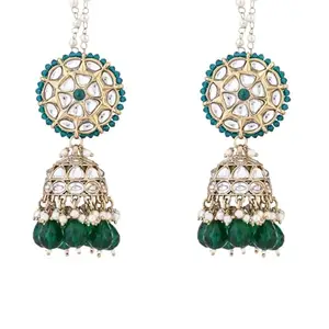I Jewels Gold Plated Traditional Kundan & Pearl Jhumka Earrings With Attachable Ear Chain For Women (Green)