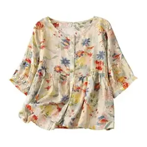 RIEKA Women’s Casual Floral Print Blouse in Soft Pink with Green Leaf Pattern Round Neck Button Front Flowy Peplum Style Top