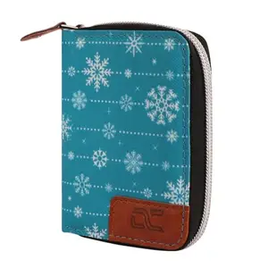 Dezire Crafts Fabric & Genuine Leather Card Holder | 9 Card Slots | Zipper Closure | 2 Currency Compartments | Compact & Stylish (Star Print Green)