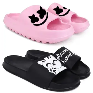 Pampy Angel Combo Pack of 2 Slipper/Flip Flops/Slides for Women,(YW-Smat-Pink,Welcome-Black),41 (Euro)