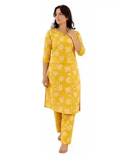 Summer Ladies Printed Ethnic Cotton Top Square Neck Floral Print Women's Kurta Set consisting of Printed Kurti Pants Two-piece Summer Straight-Leg Pants Every Day Round-Necked, 3/4-sleeve Office