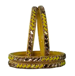 The Golden Cascade Yellow Glass Kada for Women | Fancy Design Glass Kada’s for Ladies | Zircon Stone Studded Glass Kada for Girls (Pack of 4) (Yellow, Large 2.8)