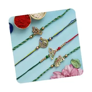 eCraftIndia Set of 4 Radha Krishna Playing Flute, Peacock, Om Symbol, and, Shri Krishna Religious Designer Rakhis with Roli Chawal Pack - Rakhi for Brother, Bhaiya, Bhai