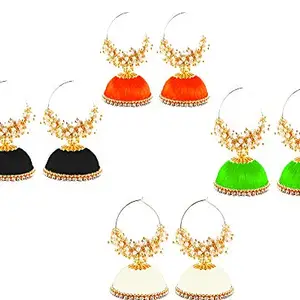 thread trends Silk Thread Earrings Lorial Hoop Jhumkas Girls Earrings Combo Of 4 Pair Silk Dori Earring Set, Hoop Earring, Jhumki Earring -Black-Orange-Green-white