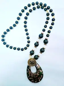 Vintage Statement Necklace, Black Beaded Chain with Crystal Accents, Antique Gold Medallion and Teardrop Pendant