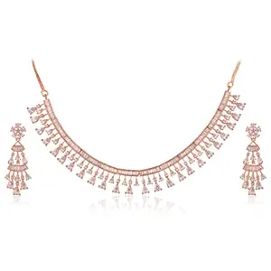 RATNAVALI JEWELS Jewellery Set American Diamond Rose Gold Plated Traditional White Necklace Set with Earring for Women/Girls RV4141