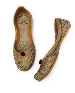 NIHARIKA Women's Genuine Soft Leather Embroidered Work Jutis Punjabi Wedding Flat Ladies Mojari (Grey, 4)