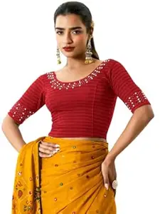 MRSWEARS Women's Regular Fit Readymade Stretchy Elbow Length Embroidered Saree Blouse
