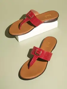 Inc.5 Women Red Open Toe Embellished T-Strap Flats
