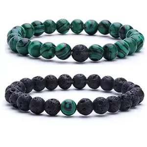 Aanya Gems 8mm Stone Beads for Women Couples Set of 2 Couples Gift bestfriends two matching bracelet Couple Bracelet for Lovers Pair (Malachite & Lava) with Lab Certificate