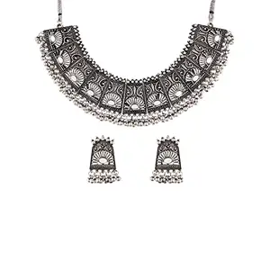 I Jewels Oxidised Silver Plated Afghani Choker Necklace Jewellery Set for Women (MC066)