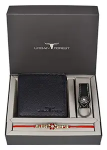 URBAN FOREST Rakhi Gift Hamper for Brother - Classic Black Men's Leather Wallet, Black Keyring and Rakhi Combo Gift Set for Brother - 4558
