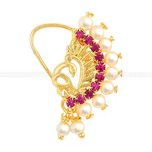 VFJ VIGHNAHARTA FASHION JEWELLERY Vighnaharta Gold Plated Mayur Design Red Stone with Pearls and AD Stone Alloy Maharashtrian Nath Nathiya./ Nose Pin valentine day gift valentineday gift for her gift for him gift for women gift for women VFJ1018NTH-TAR