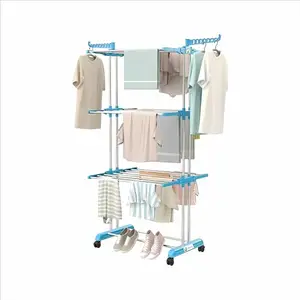 Unbrakko Clothes Drying Hanger, Cloth Hanging Stand, Cloths Dryer Stand, Clothing Dryer, Stylish Garment Stand 3-Tier Folding Rail Clothes Rack Stainless Steel for Balcony, Bedroom Indoor - Cyan Blue