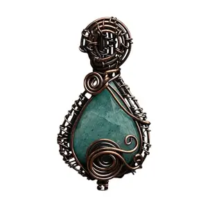 Handcrafted Aquamarine Teardrop Pendant, Copper Wire Wrapped, Vintage Style
