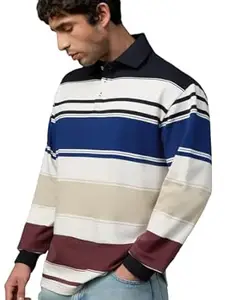 The Souled Store Oversized Rugby Polo: Men and Boys Long Sleeve Spread Collar Striped Cotton Oversized Fit Breathable Everyday Lightweight All-Season Polos